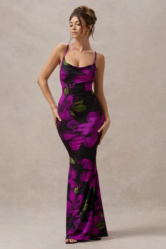 Floral Cross-Strap Maxi Party Dress - VelvetHem