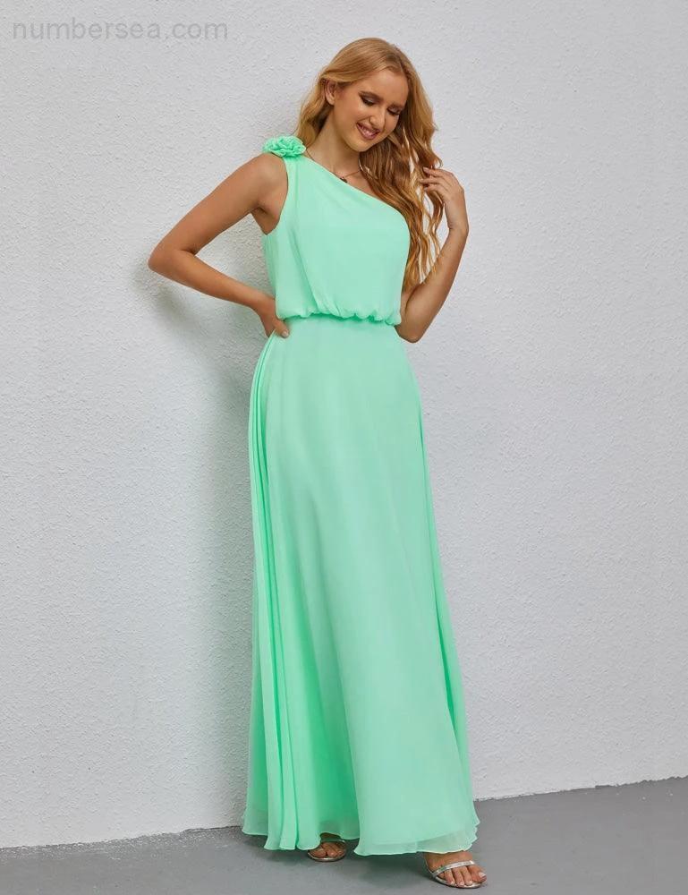 Ruffled One Shoulder Sleeveless Long Bridesmaid Dresses A-line Formal Evening Gown Side Split 28080 (ZD17018)