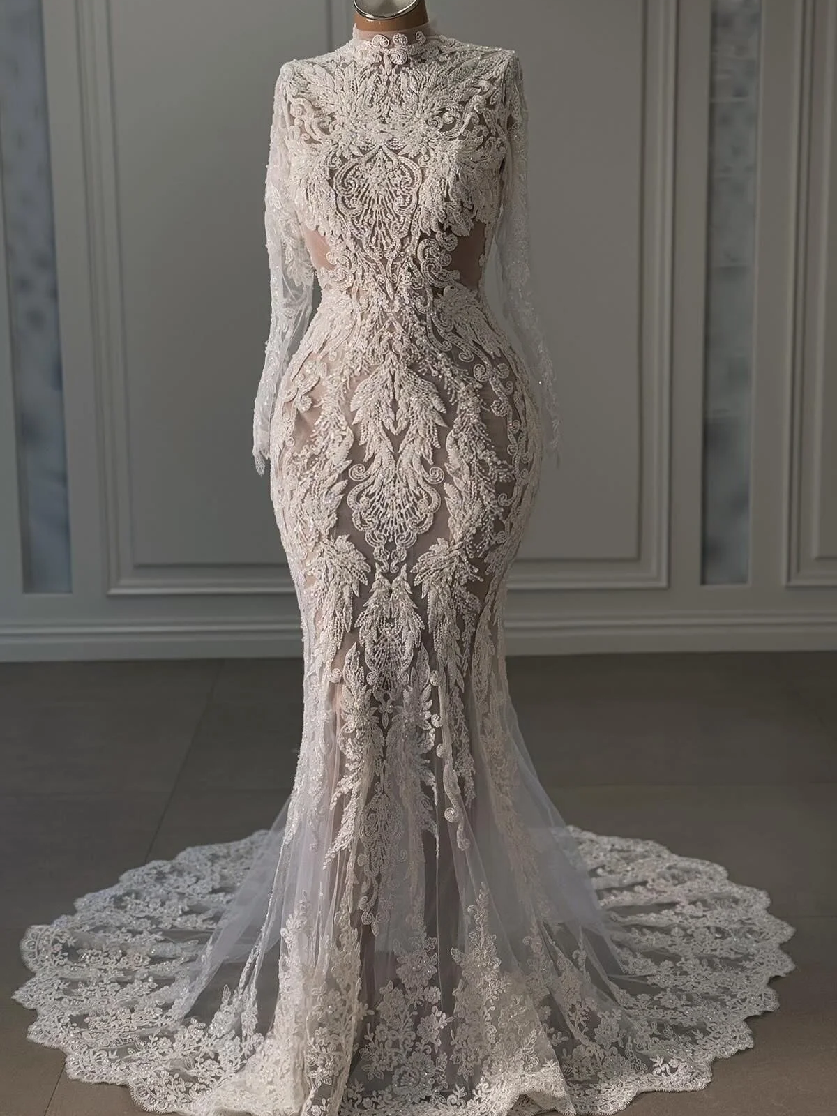 High Neck Long Sleeve Beaded Lace Mermaid Wedding Gown With Train