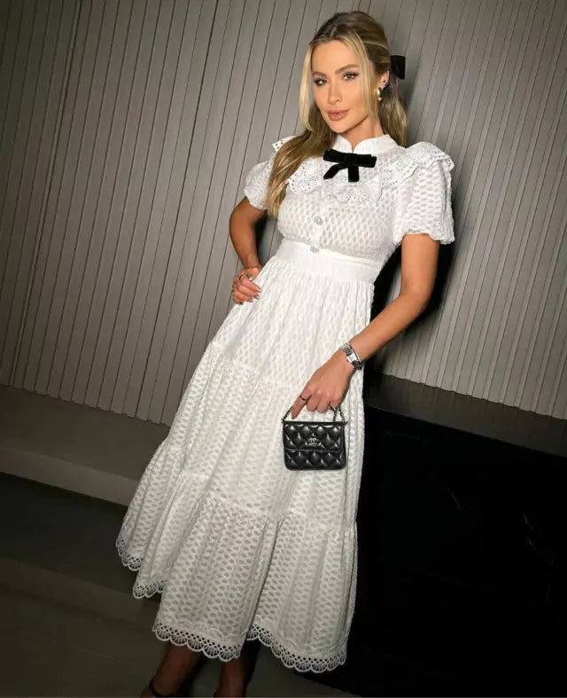 Fashion White Lace Prom Dress A-Line Puff Sleeves Black Bow Belt Ruched Knee Length Evening Dress vestido de gala