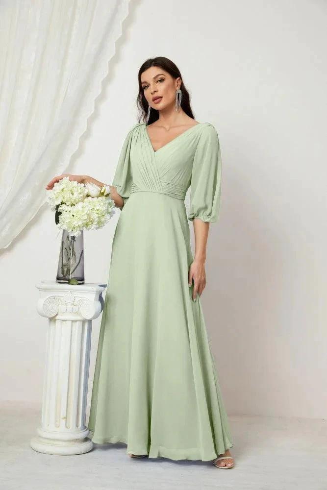Numbersea Formal Prom Gown Women V-Neck Chiffon Bridesmaid Dresses Long Bishop Sleeve Party Dress 2807 by numbersea