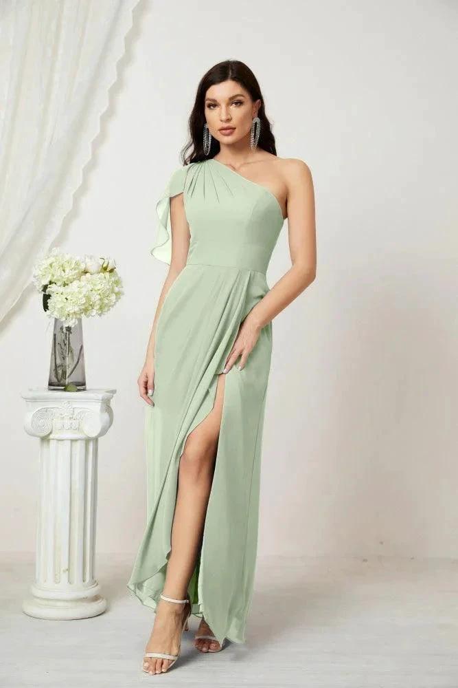 Numbersea Chiffon Ruffled One Shoulder Long Bridesmaid Dresses A-line Formal Evening Gown Side Split 2809 by numbersea