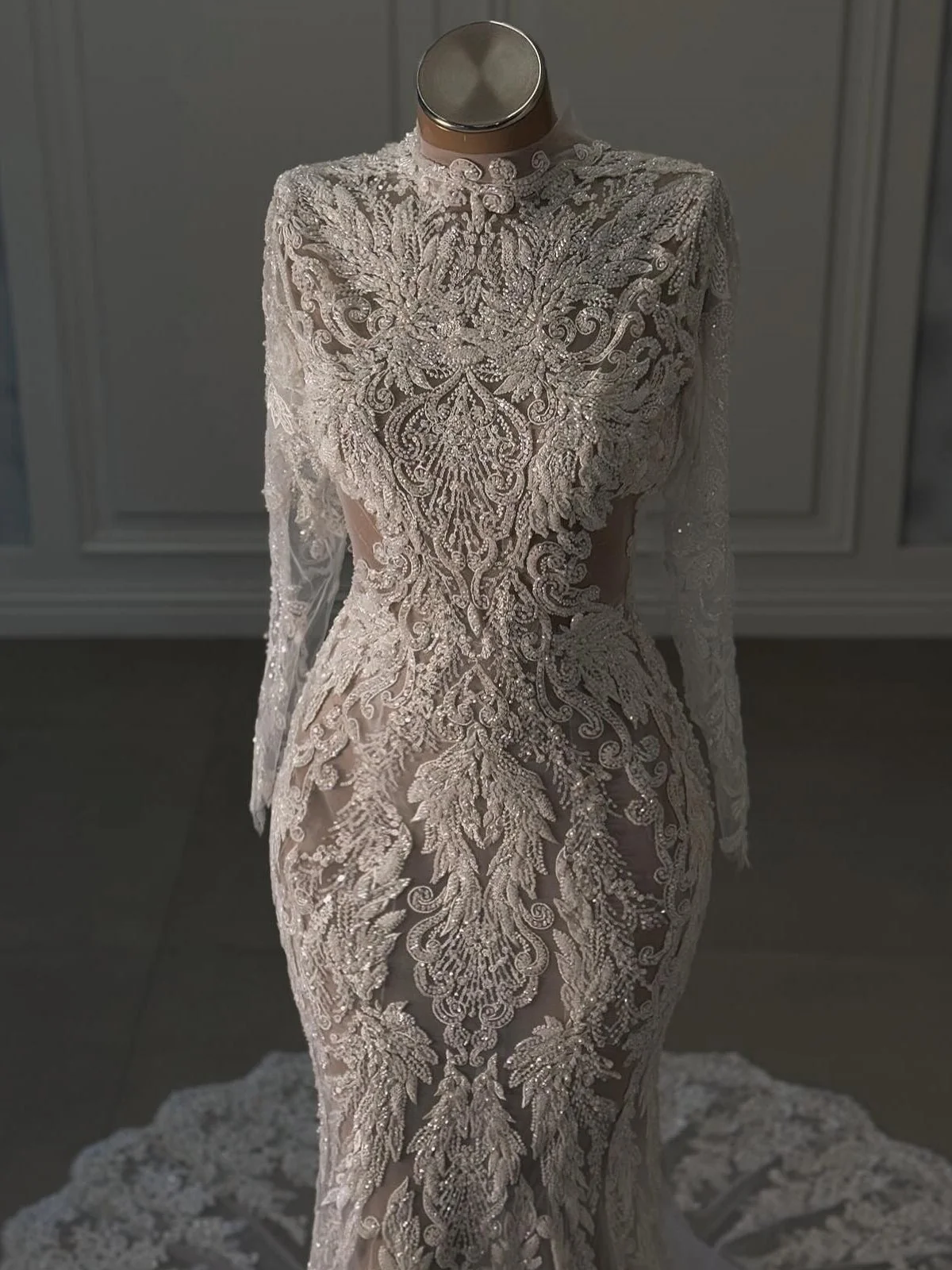 High Neck Long Sleeve Beaded Lace Mermaid Wedding Gown With Train