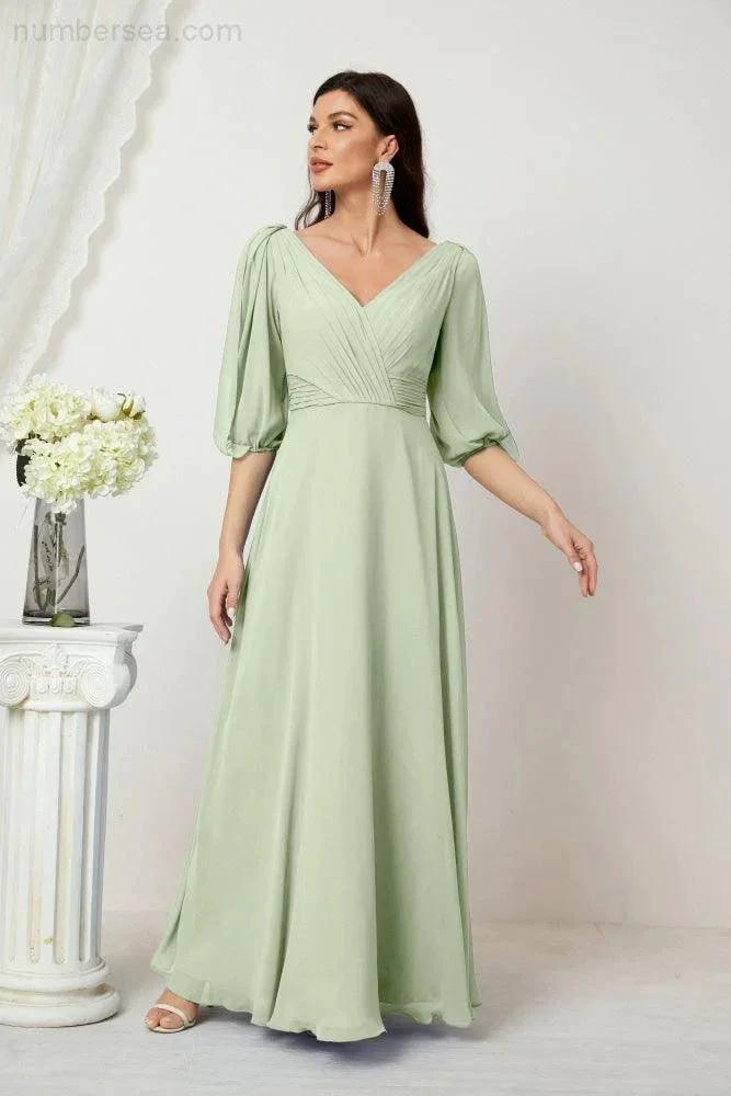ZapDress Formal Prom Gown Women V-Neck Chiffon Bridesmaid Dresses Long Bishop Sleeve Party Dress 2807 (ZD17027)