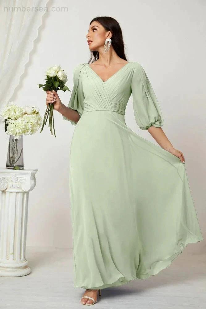 ZapDress Formal Prom Gown Women V-Neck Chiffon Bridesmaid Dresses Long Bishop Sleeve Party Dress 2807 (ZD17027)