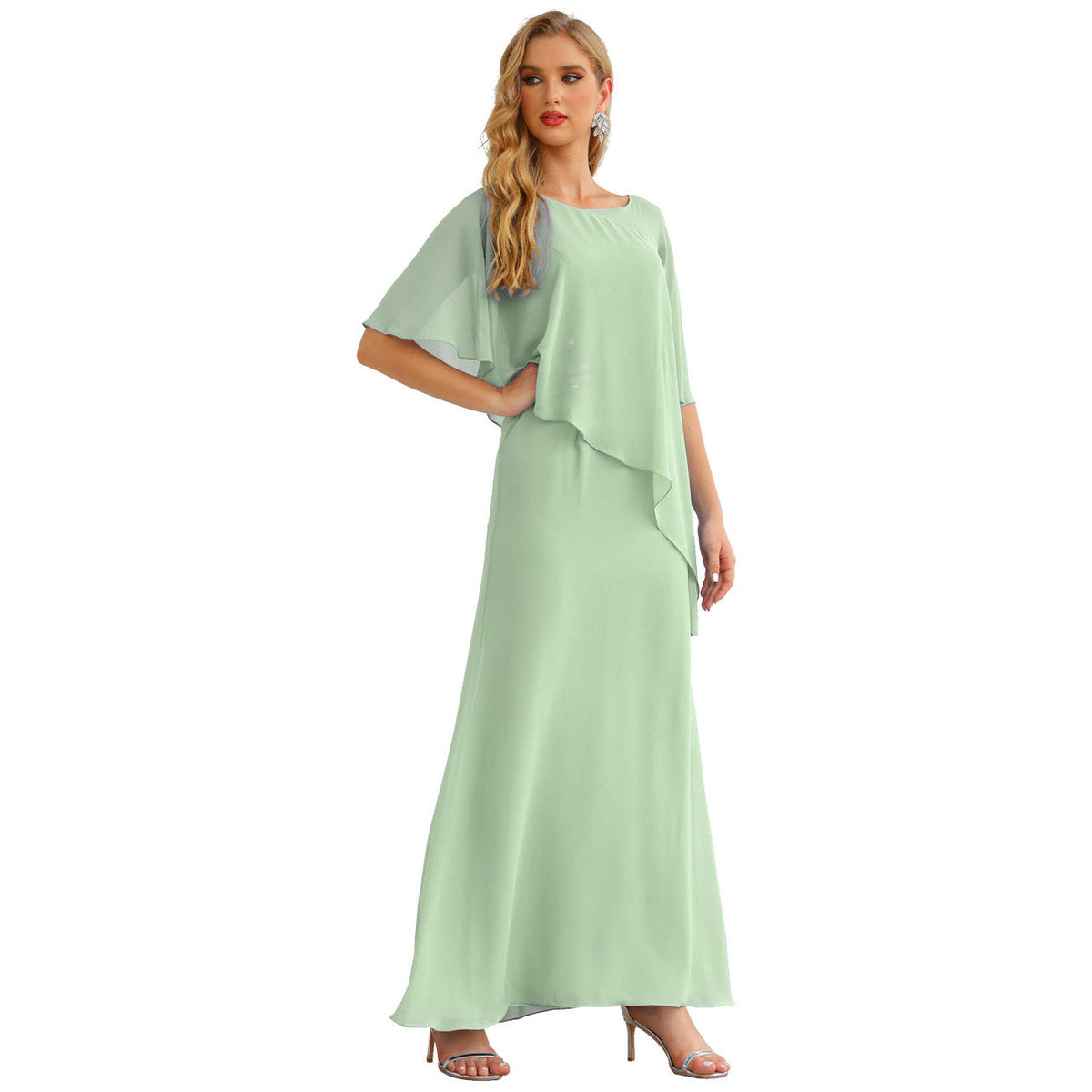 Sunnderly Chiffon Plus Size Mother of The Bride Dresses Formal Prom Gown Ruffle Cape