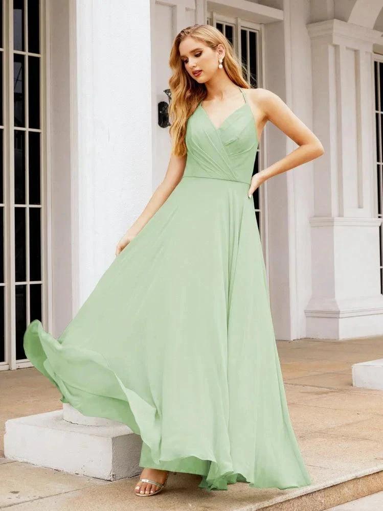 Numbersea Halter Chiffon Bridesmaid Dresses Wedding Appare Sleeveless Formal Prom Dress with Ruffled Back 28035 by numbersea