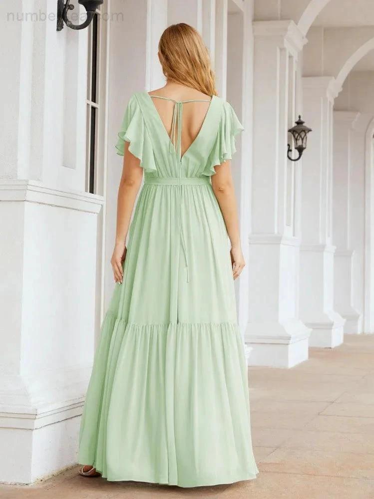 ZapDress Women's Open Back Formal Evening Party Prom Gowns V-Neck Long Chiffon Bridesmaid Dresses with Waist Belt 28038 (ZD17000)