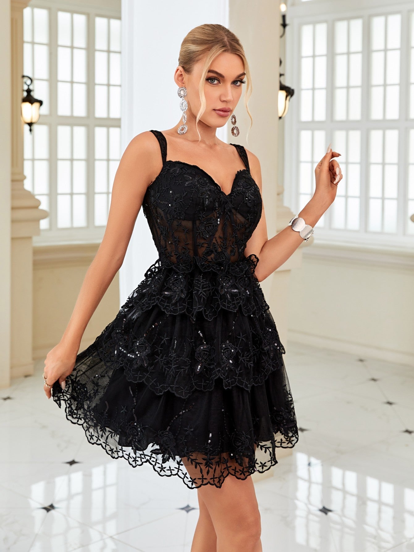 Dark Blue A-Line Sweetheart Neckline Tiered Short Homecoming Dress - Fashionpara