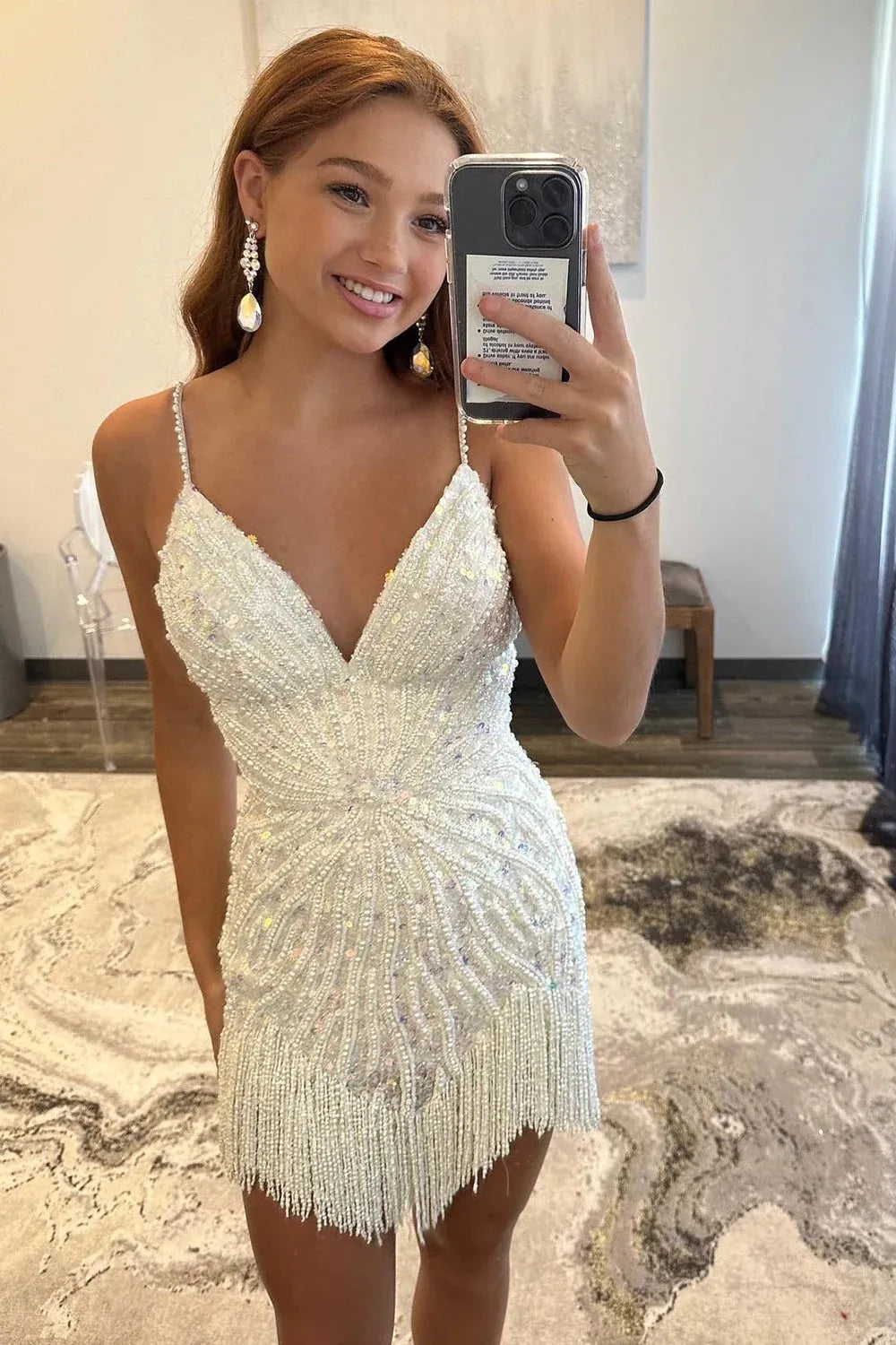 Trendy Sheath Spaghetti Straps White Sequins Short Homecoming Dress with Tassel