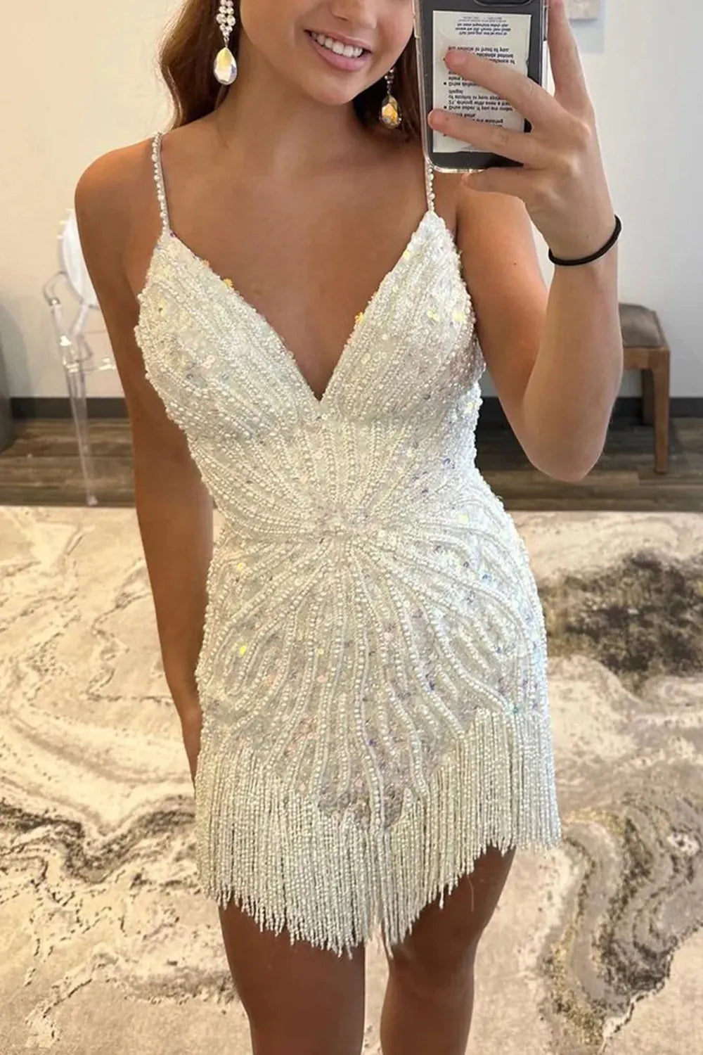 Trendy Sheath Spaghetti Straps White Sequins Short Homecoming Dress with Tassel