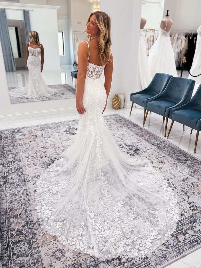 Spaghetti Straps Mermaid Appliqued Wedding Dress With Lace Train