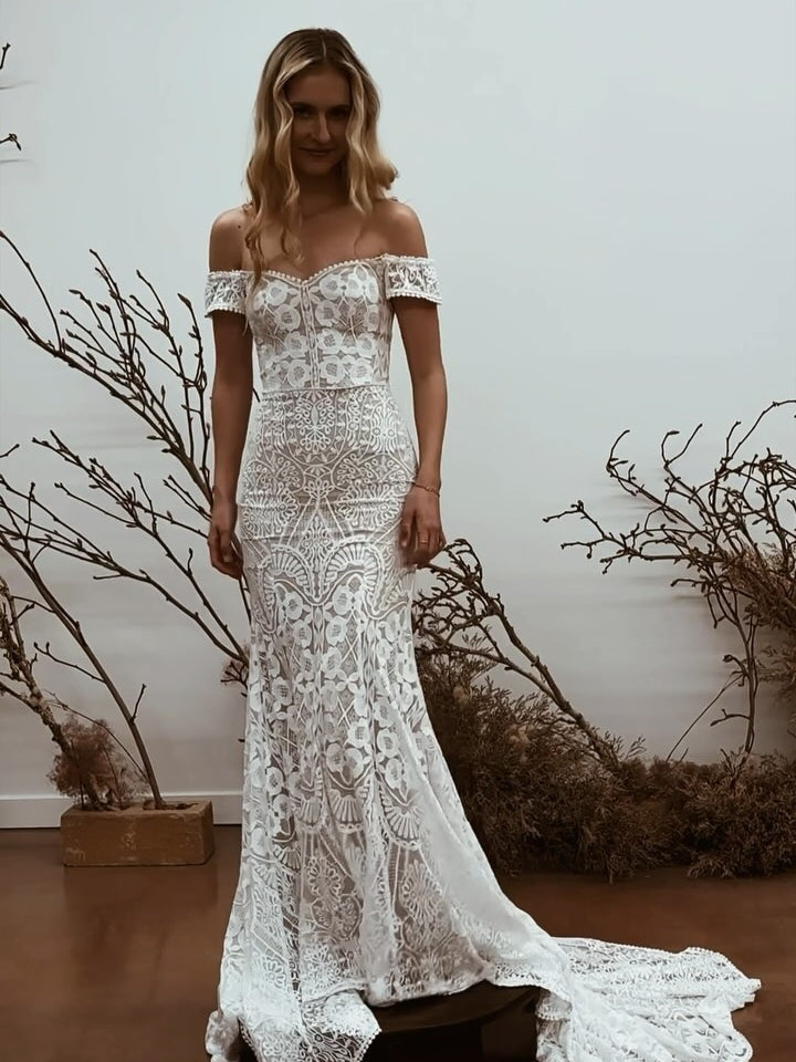 Bohemian Full Geometric Lace Off Shoulder Mermaid Wedding Dress With Flowing Train