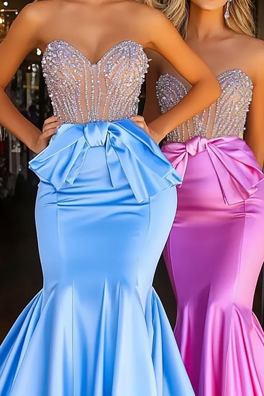 Blue Sweetheart Mermaid Satin Beaded Long Prom Dress with Bow