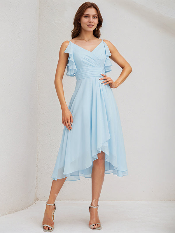 Sky Blue Chiffon A Line V Neck Sleeveless Asymmetrical Bridesmaid Dress