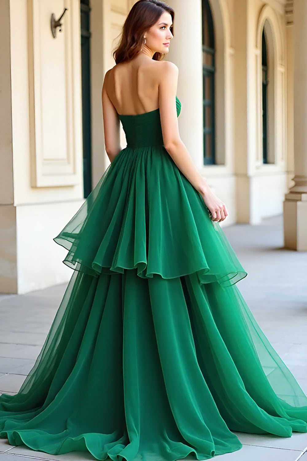 Green Ruffled Sweetheart Organza Long Prom Dress