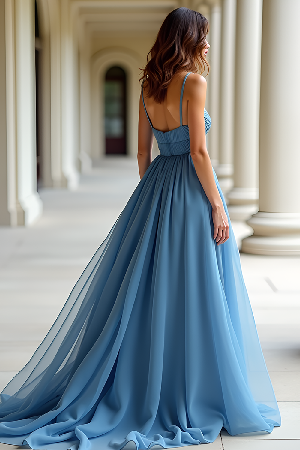 A Line Spaghetti Straps Blue Organza Prom Dress