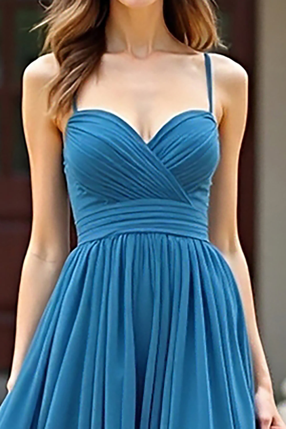 Simpe Ruched Blue Spaghetti Straps A Line Long Prom Dress