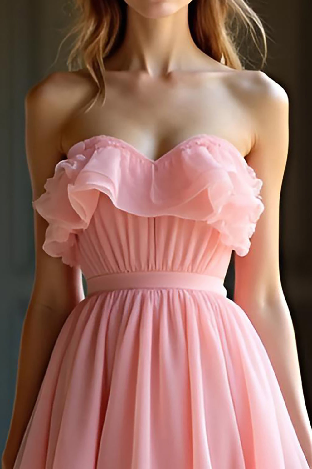 A Line Sweetheart Pink Long Ruffled Prom Dress
