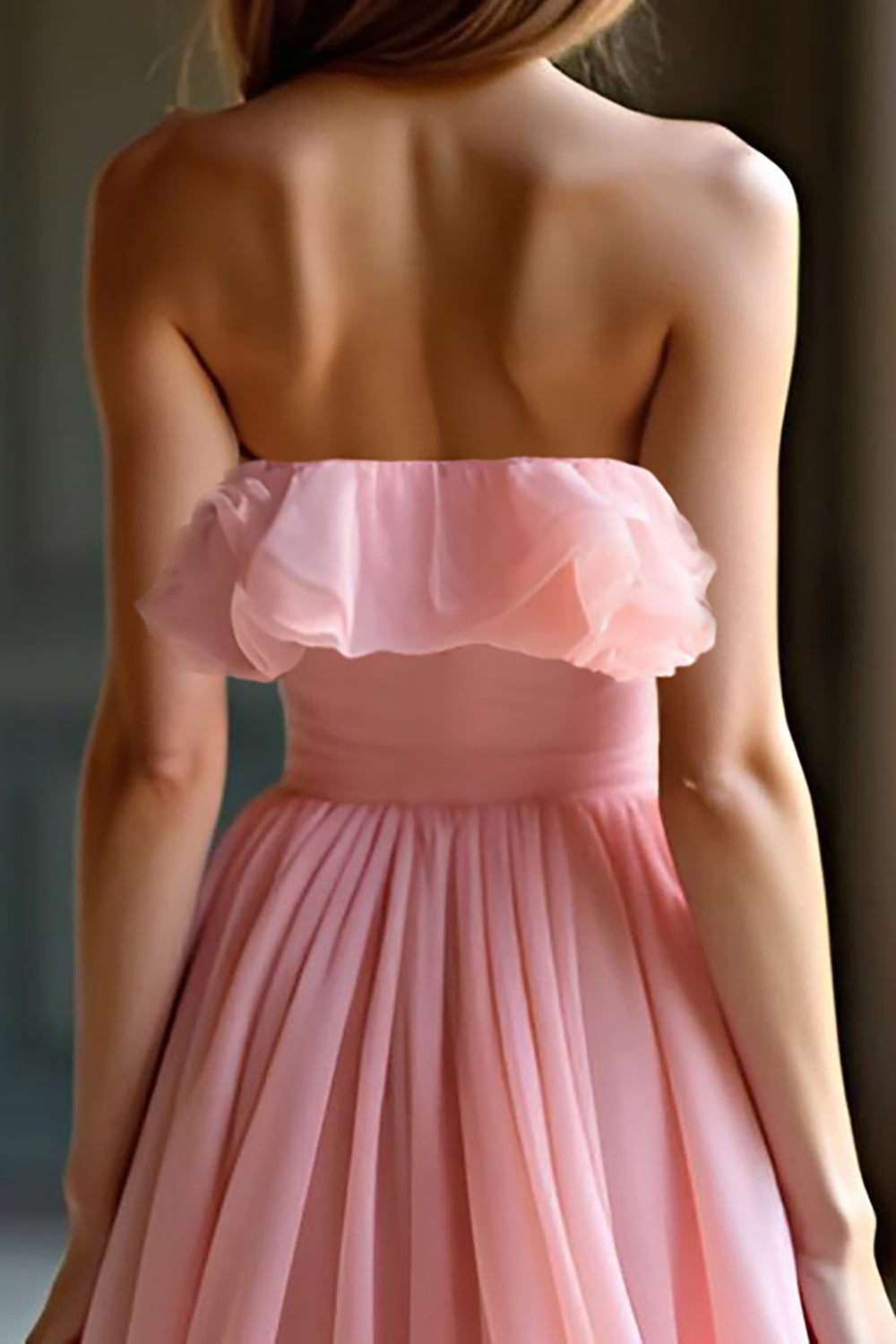 A Line Sweetheart Pink Long Ruffled Prom Dress