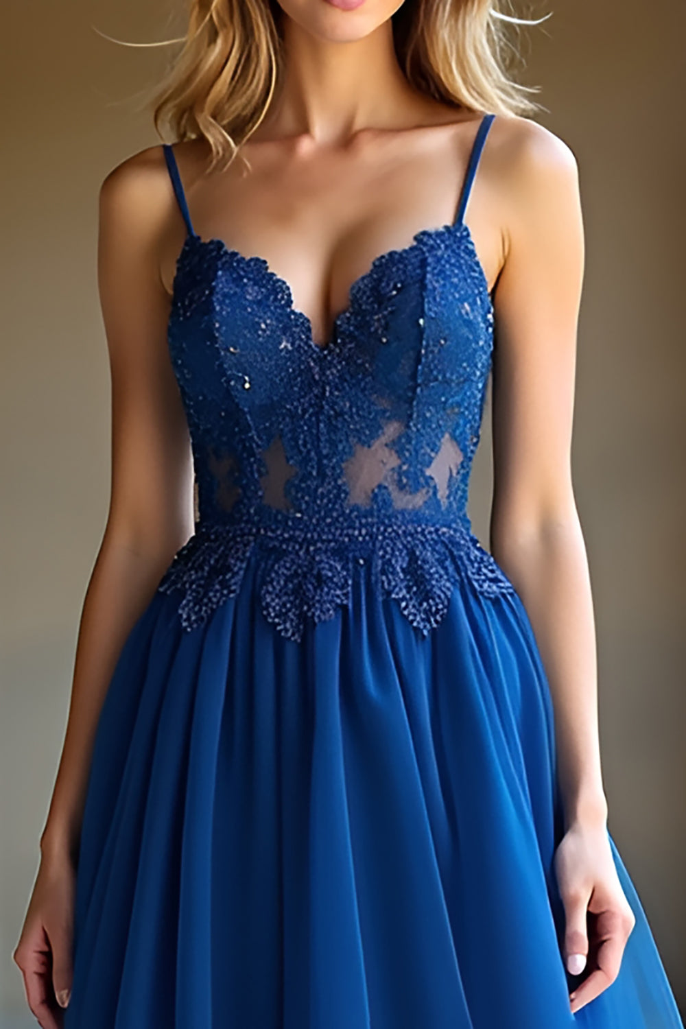 Elegant Dark Blue Spaghetti Straps Prom Dress with Appliques