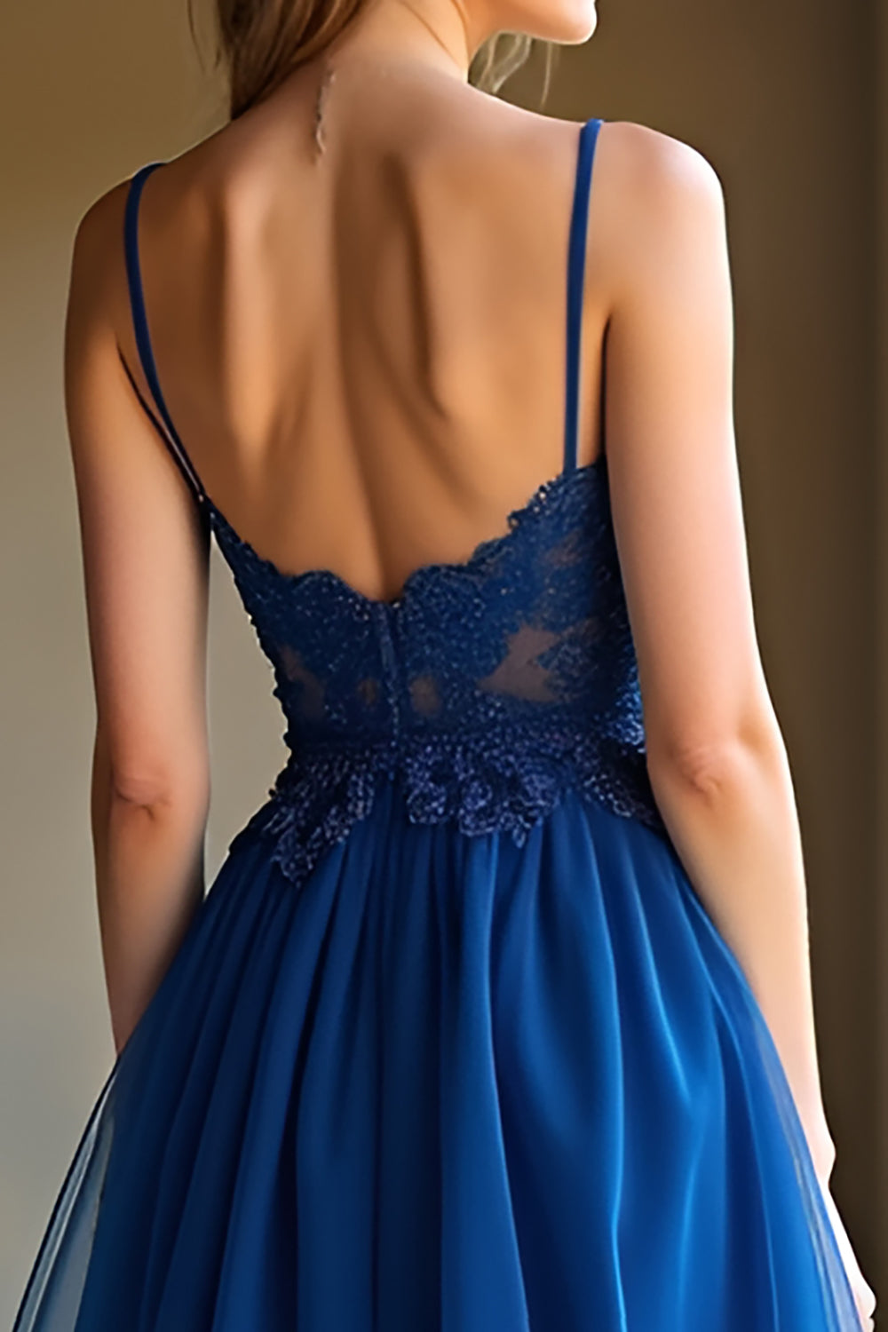Elegant Dark Blue Spaghetti Straps Prom Dress with Appliques