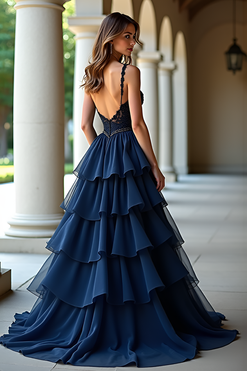 Navy Ruffles Long A Line Prom Dress with Appliques