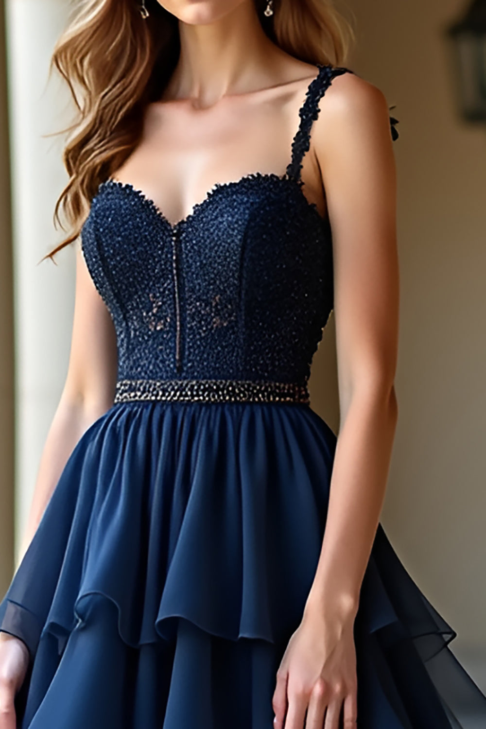 Navy Ruffles Long A Line Prom Dress with Appliques