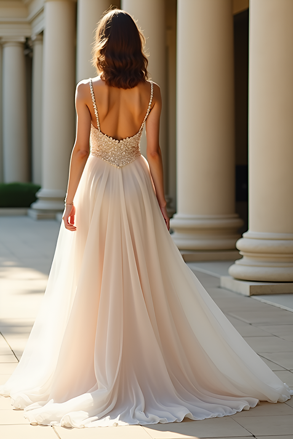 Chamapgne A Line Spaghetti Straps Long Prom Dress with Appliques