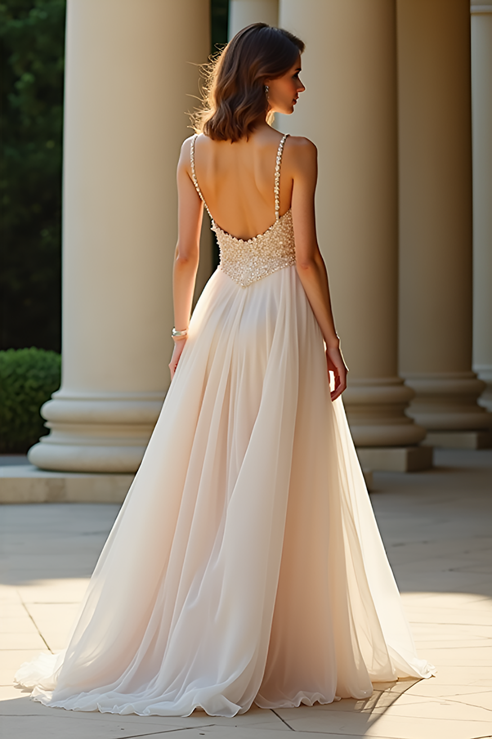 Chamapgne A Line Spaghetti Straps Long Prom Dress with Appliques