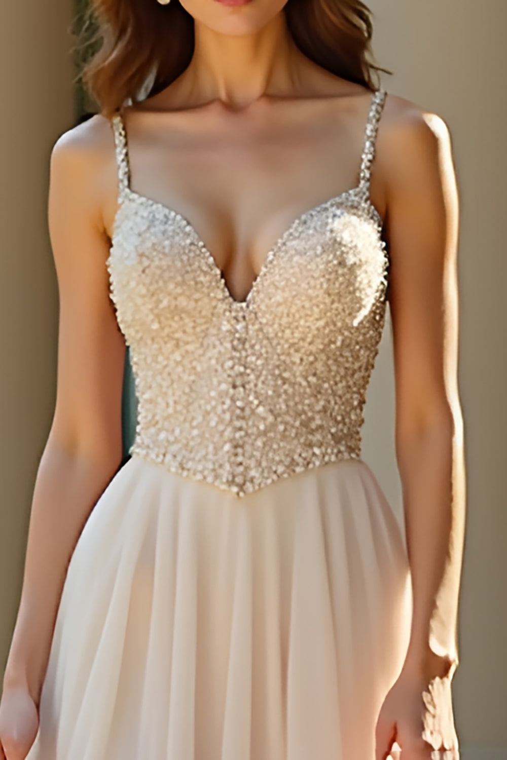 Chamapgne A Line Spaghetti Straps Long Prom Dress with Appliques