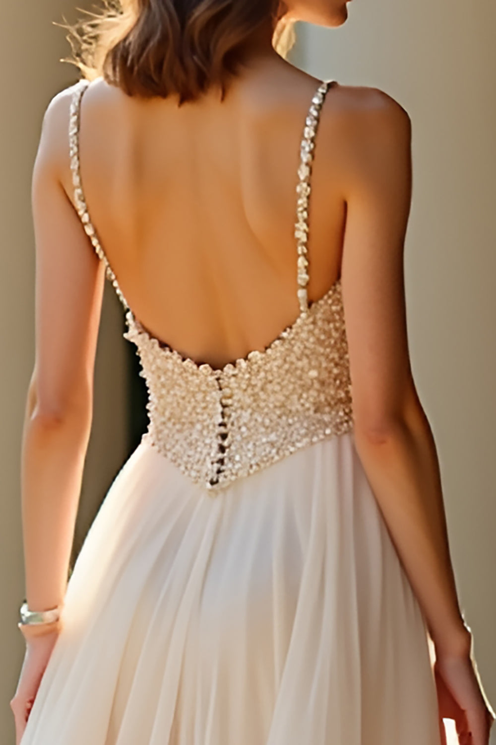 Chamapgne A Line Spaghetti Straps Long Prom Dress with Appliques