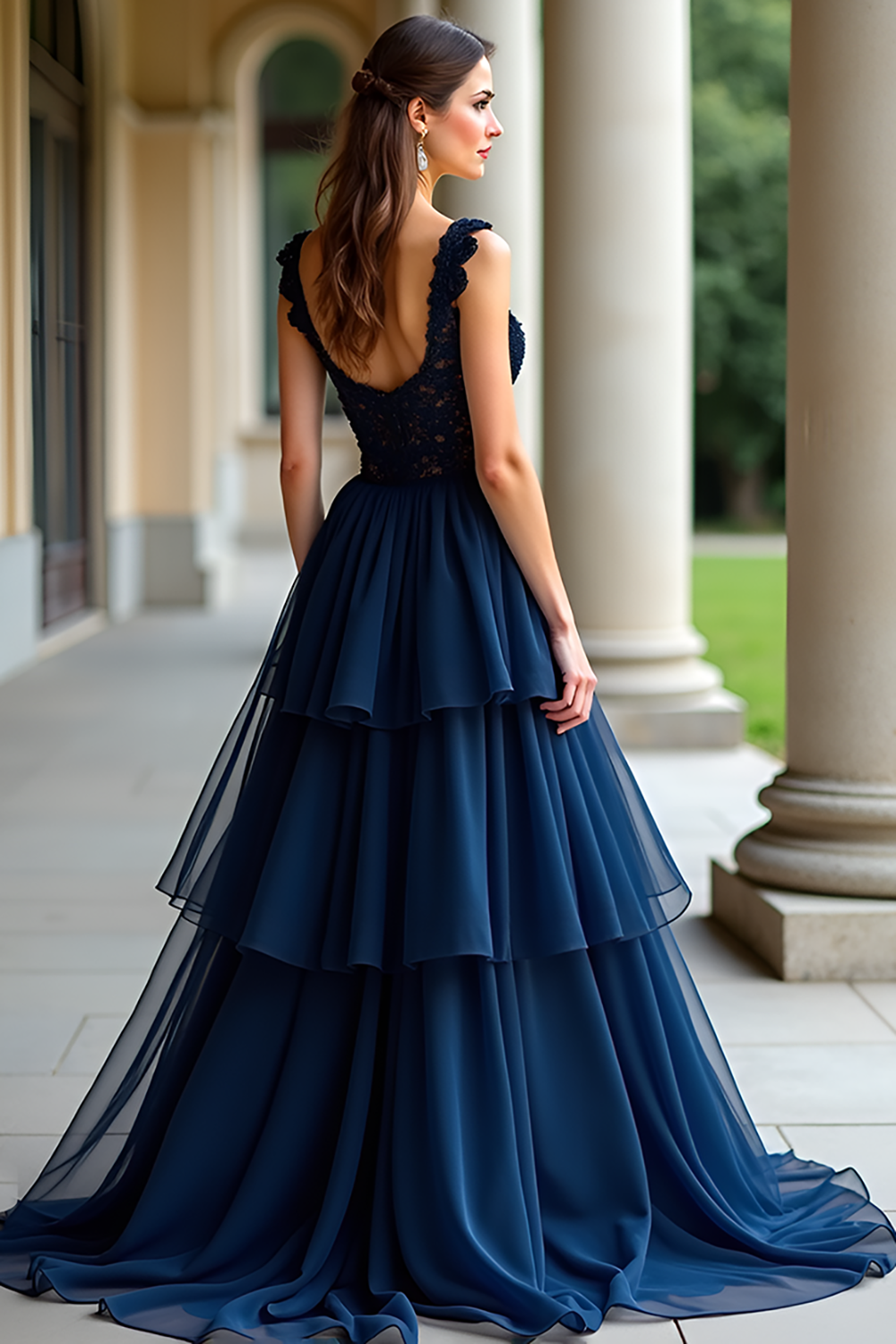 Navy Appliqued A Line Long Prom Dress with Ruffles
