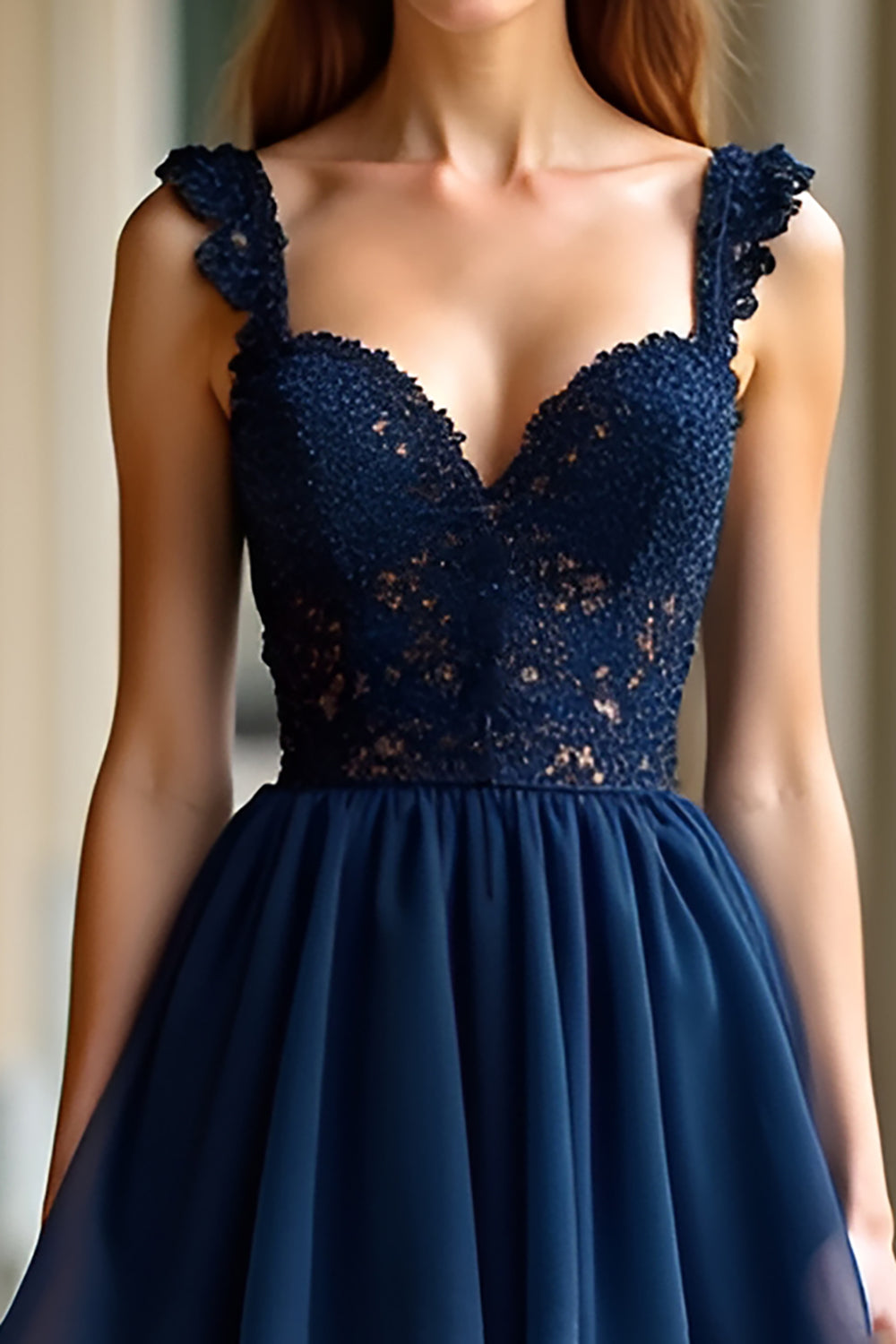 Navy Appliqued A Line Long Prom Dress with Ruffles
