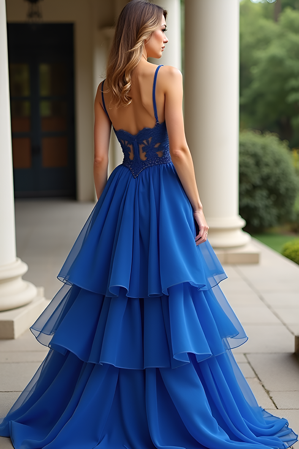 Spaghetti Straps Royal Blue Appliqued A Line Long Prom Dress with Ruffles