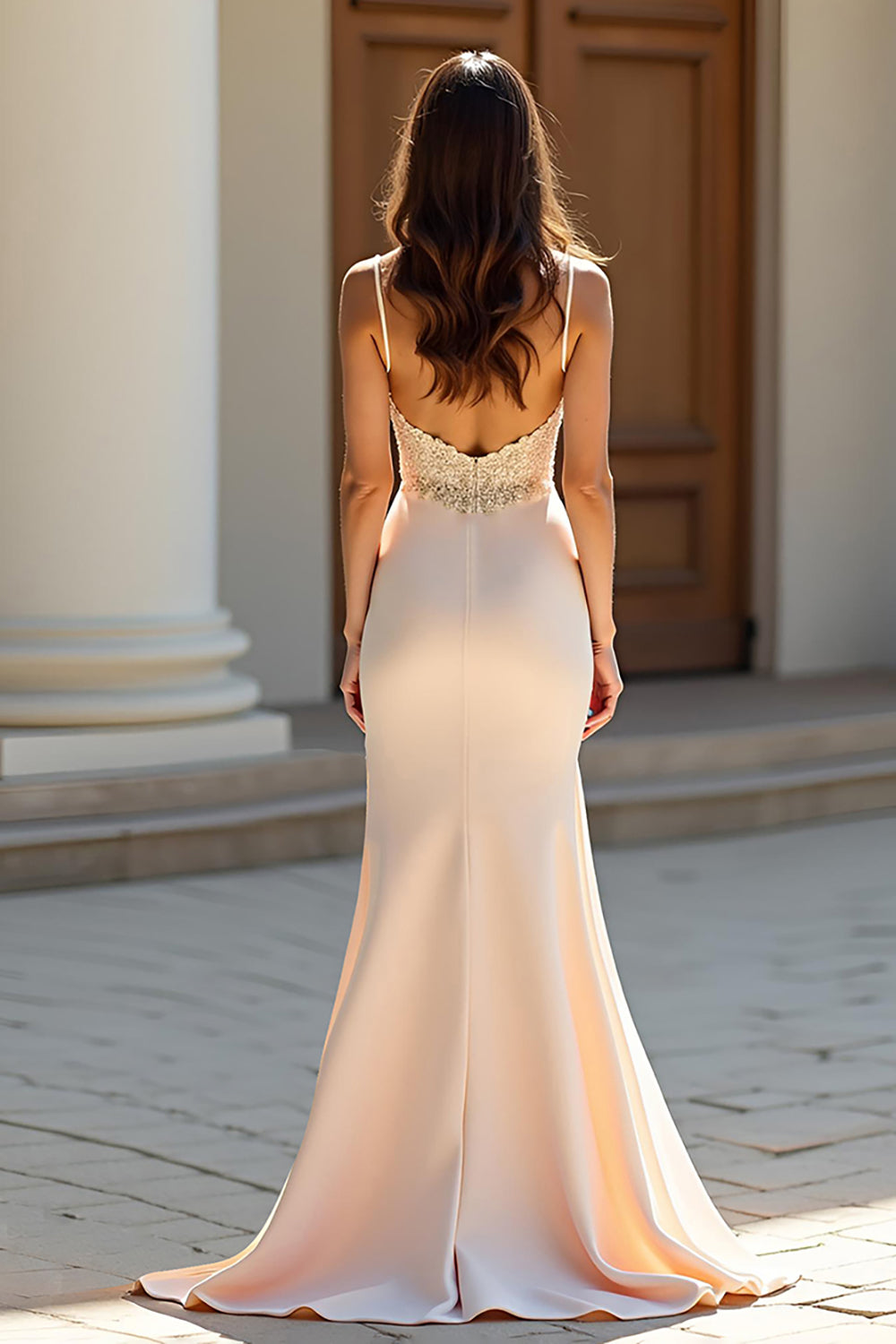 Chamapgne Sheath Spaghetti Straps Long Prom Dress with Appliques