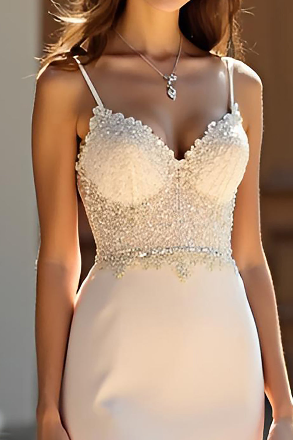 Chamapgne Sheath Spaghetti Straps Long Prom Dress with Appliques