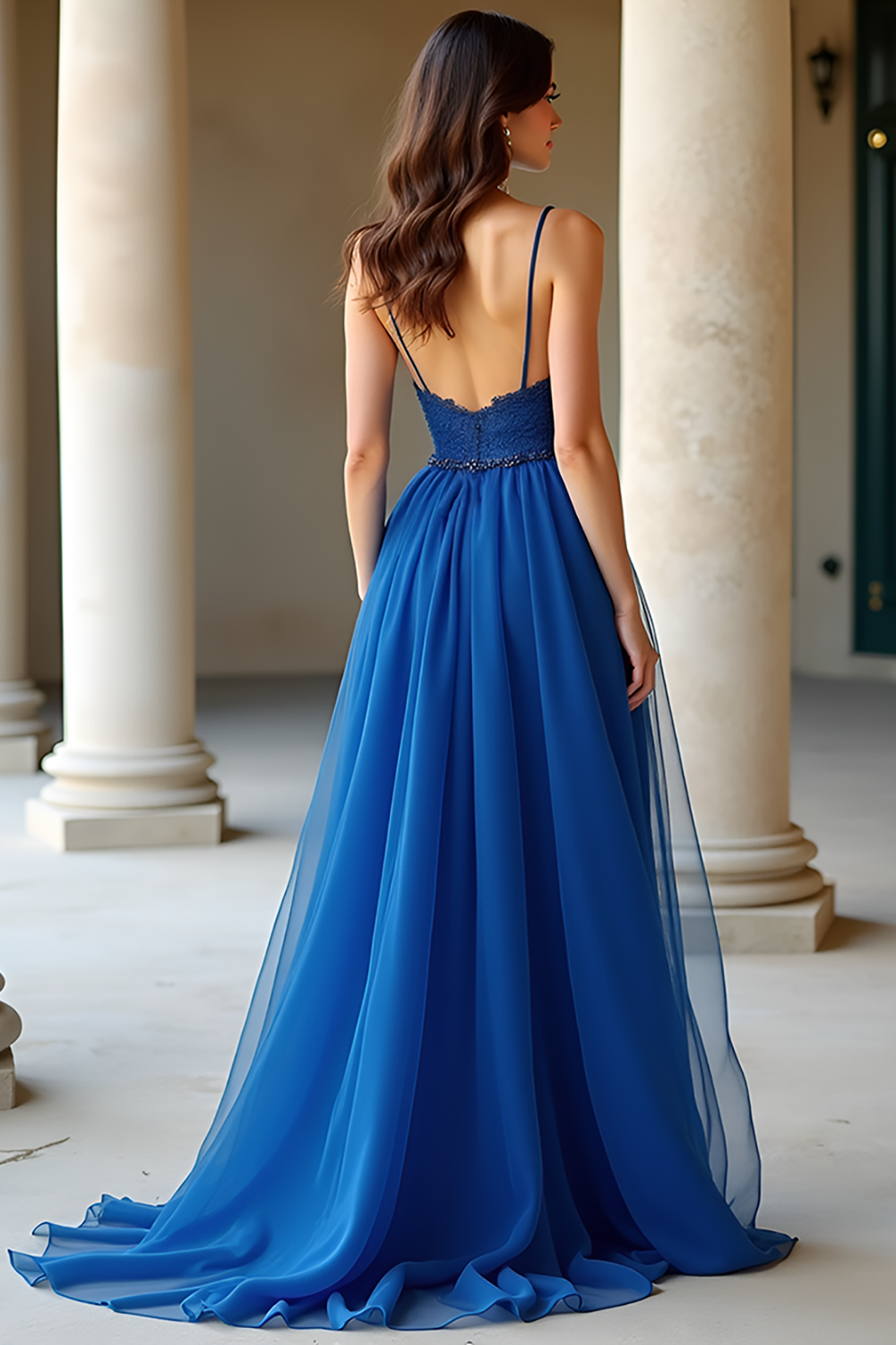 Dark Blue A Line Chiffon Spaghetti Straps Long Prom Dress with Appliques