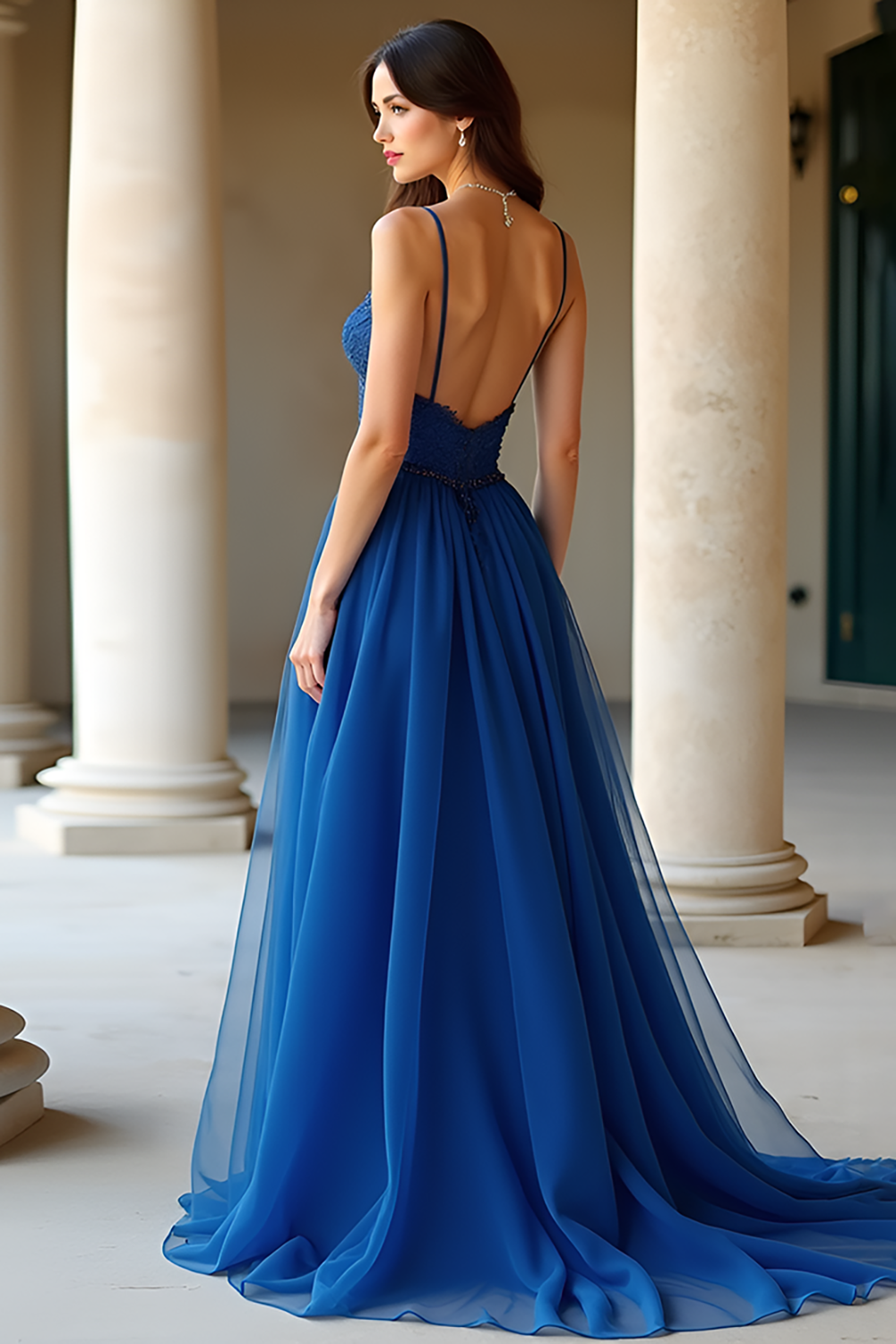 Dark Blue A Line Chiffon Spaghetti Straps Long Prom Dress with Appliques