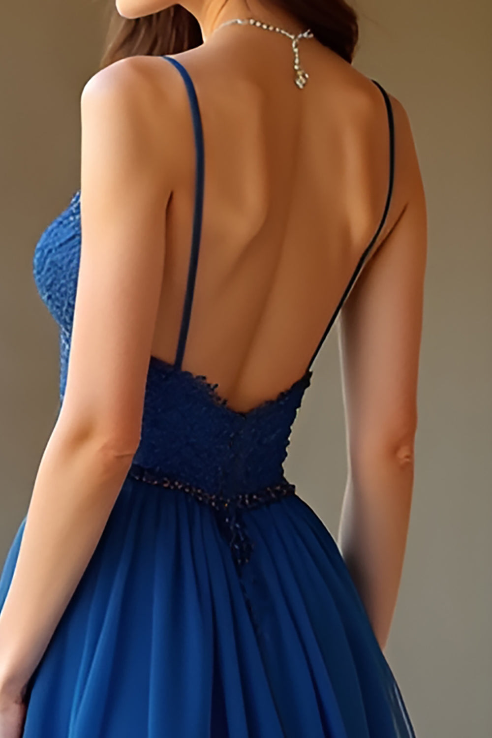 Dark Blue A Line Chiffon Spaghetti Straps Long Prom Dress with Appliques