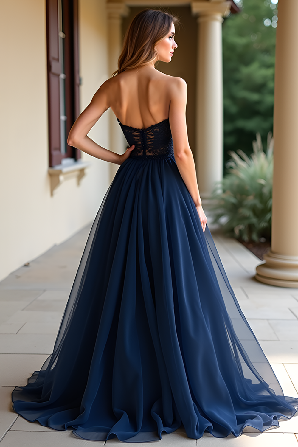 Navy Lace Sweetheart A Line Prom Dress