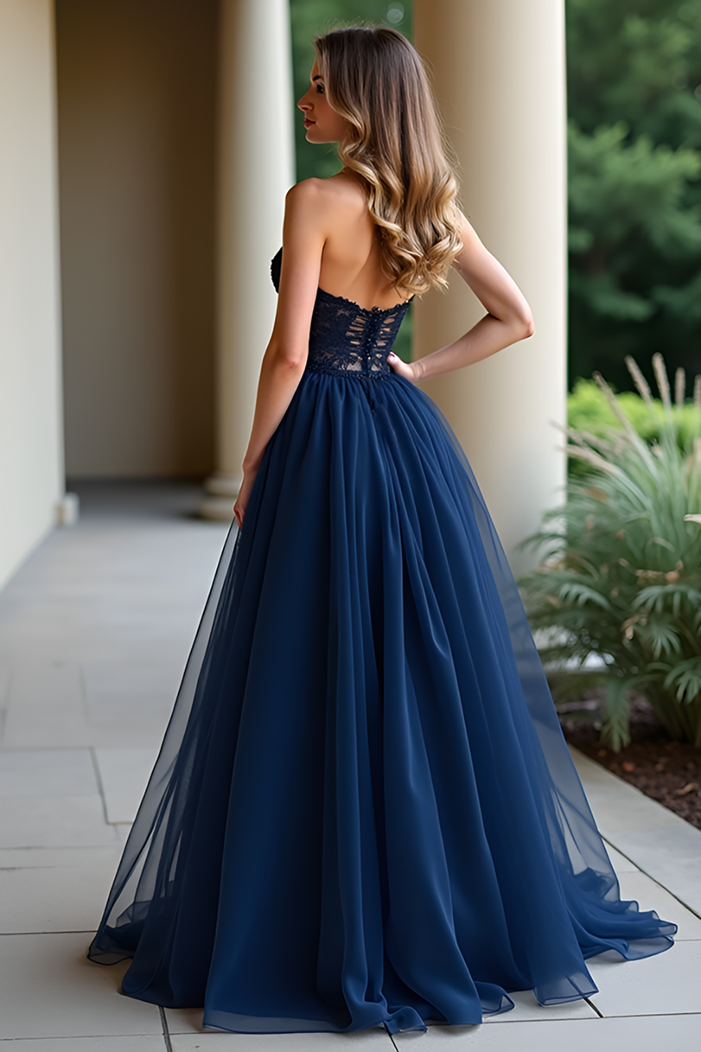 Navy Lace Sweetheart A Line Prom Dress