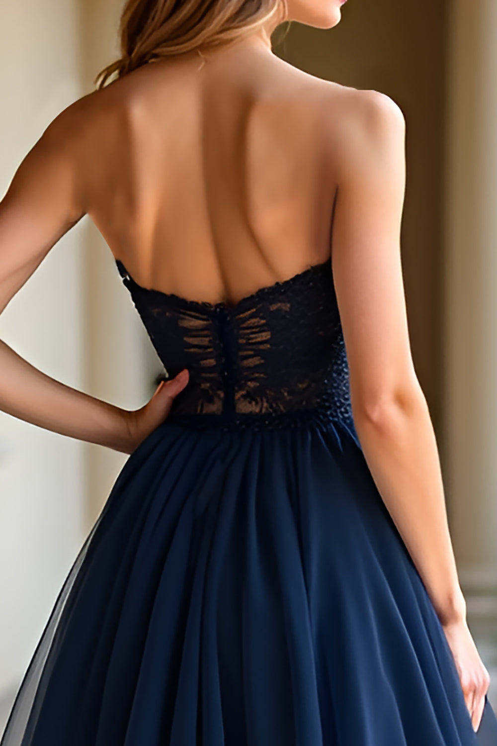 Navy Lace Sweetheart A Line Prom Dress