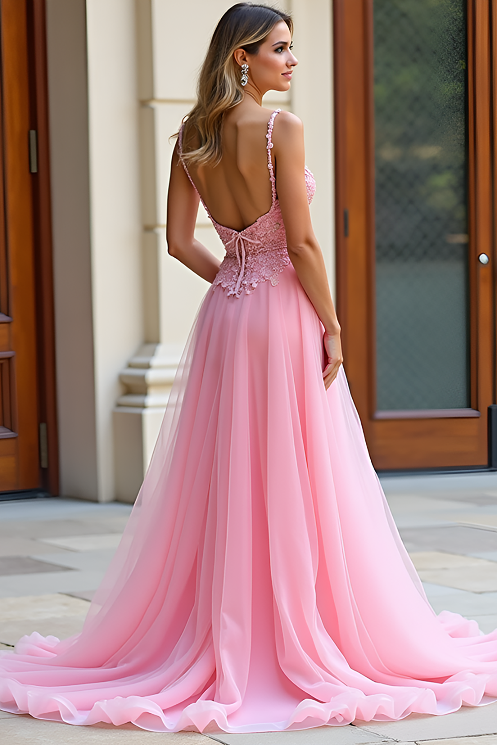 Lace A Line Pink Sweetheart Tulle Long Prom Dress