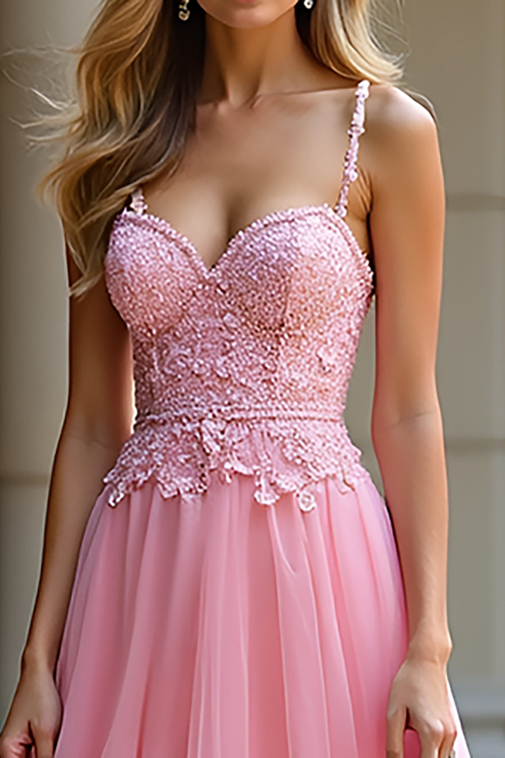 Lace A Line Pink Sweetheart Tulle Long Prom Dress