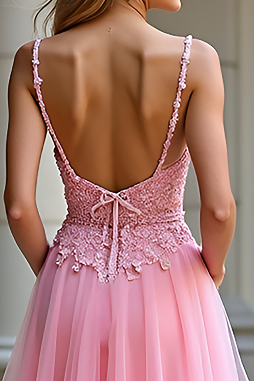 Lace A Line Pink Sweetheart Tulle Long Prom Dress