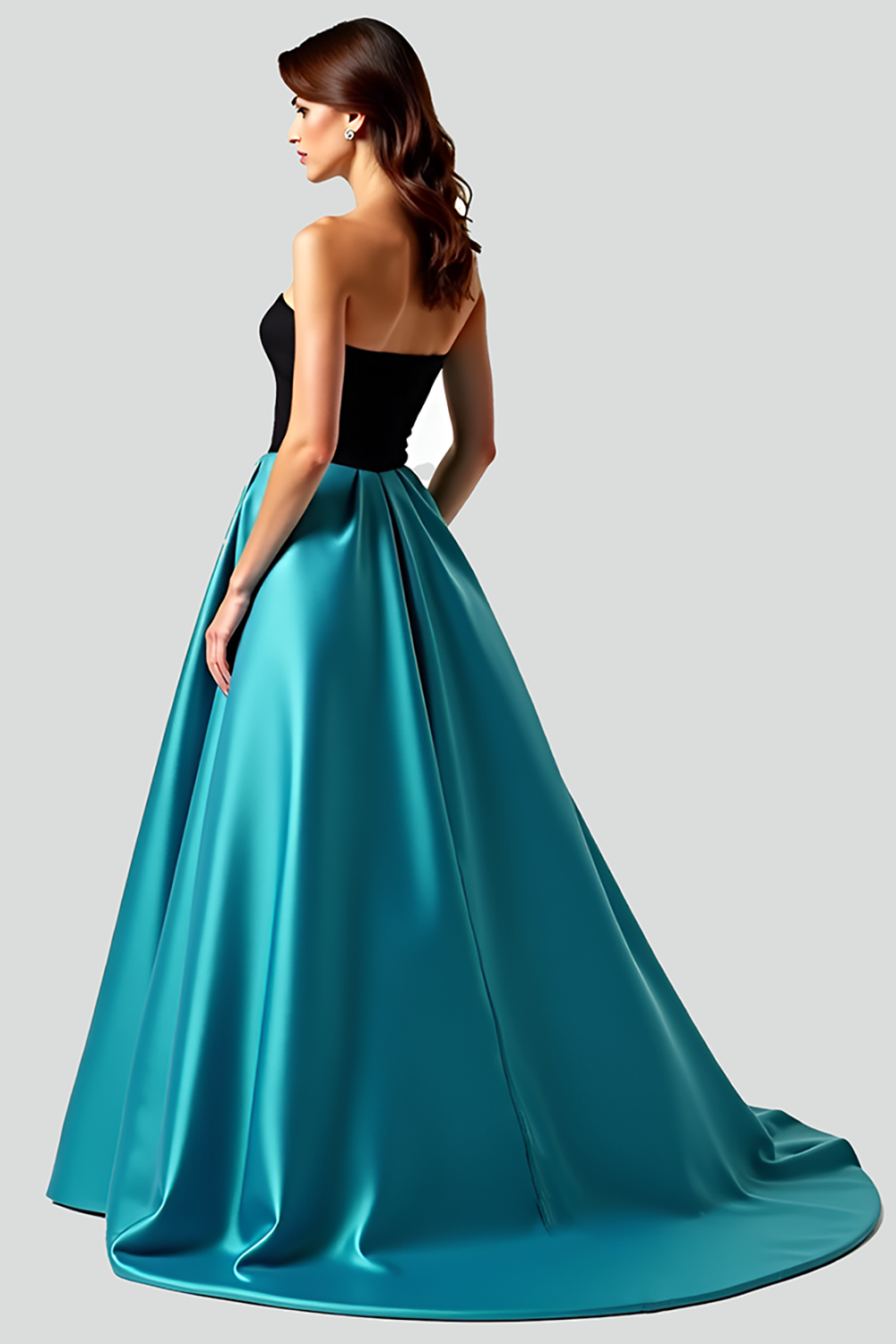 Black Peacock Blue A Line Strapless Ruched Long Prom Dress