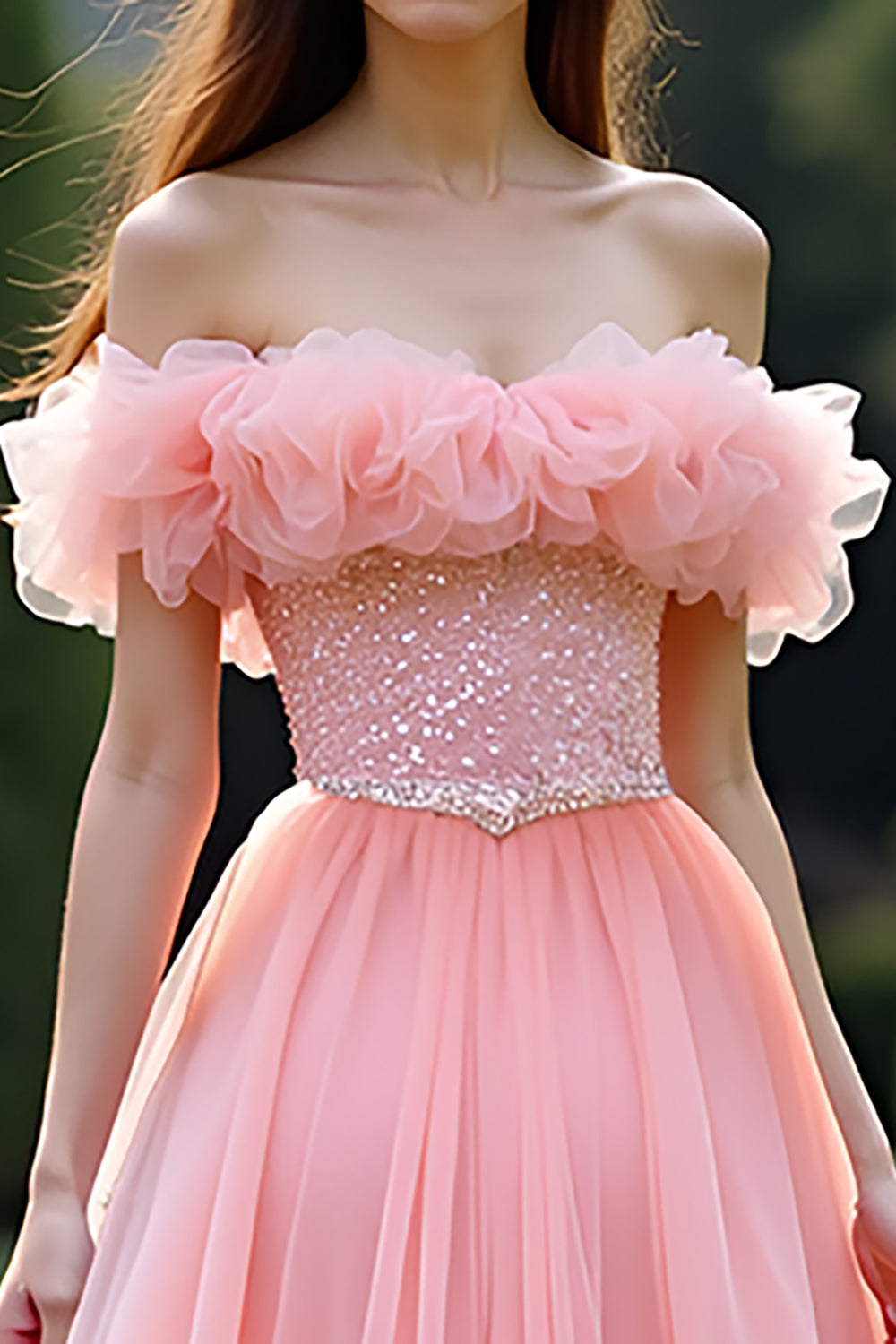 Off the Shoulder Pink A Line Ruched Long Prom Dress