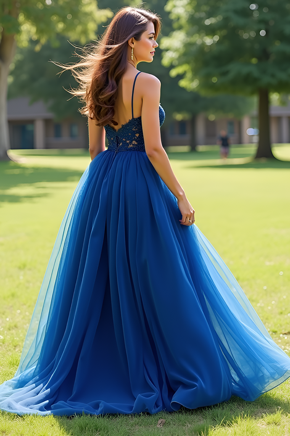 Lace Navy Spaghetti Straps Tulle Long Prom Dress