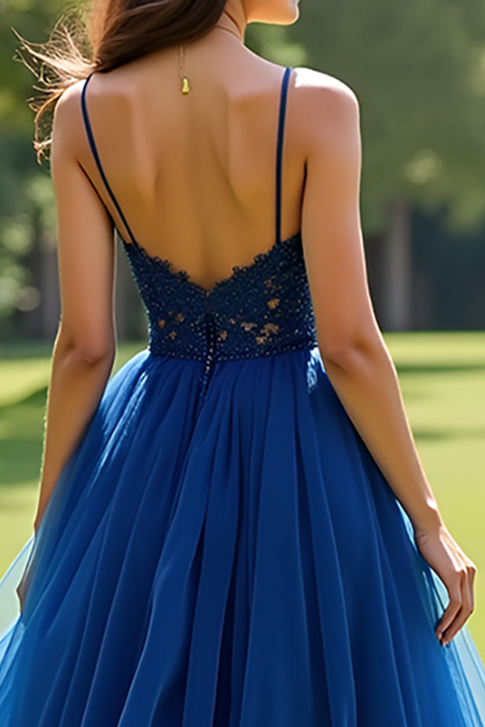 Lace Navy Spaghetti Straps Tulle Long Prom Dress